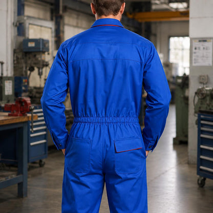 Bright blue coverall back with elastic waist and back pockets
