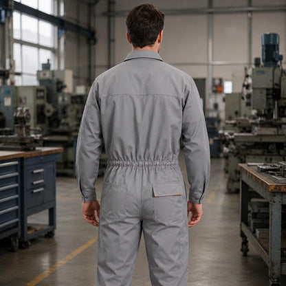 Light gray coverall back with elastic waist and pockets