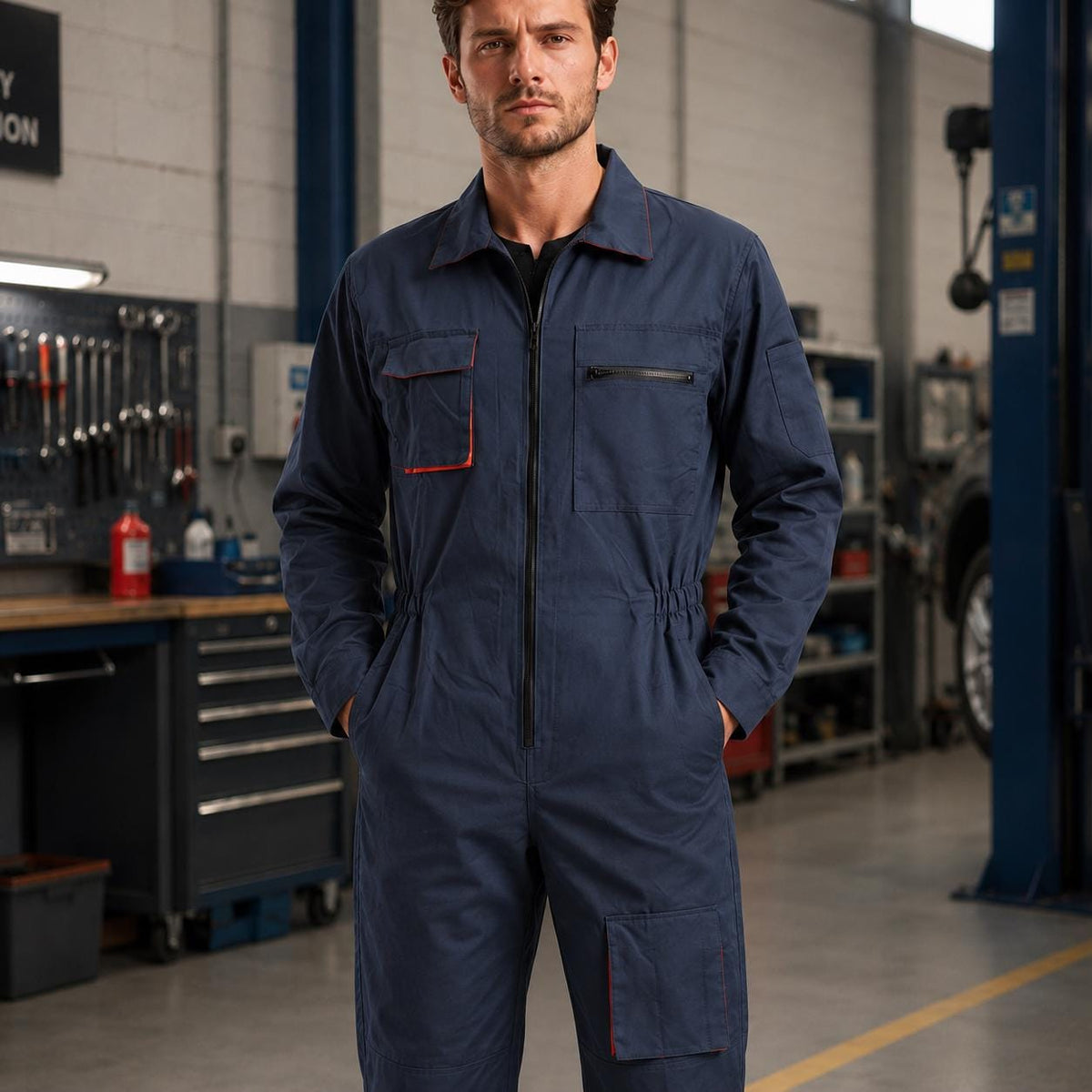 Navy blue work coverall front with zipper and multiple pockets
