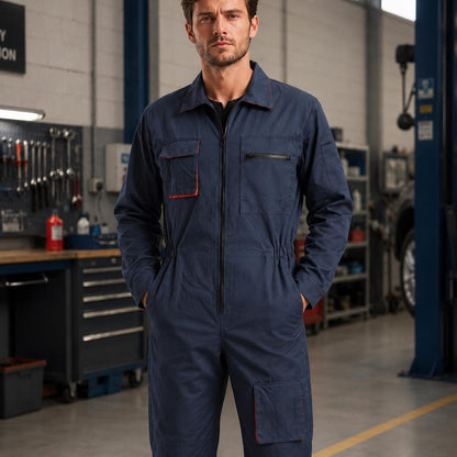 Navy blue work coverall front with zipper and multiple pockets