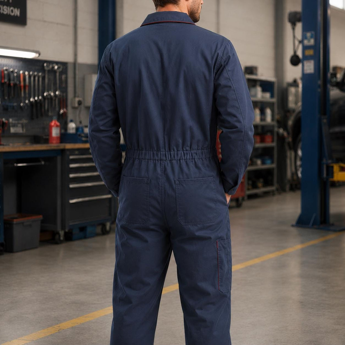 Navy blue coverall back with elastic waist and utility pocket