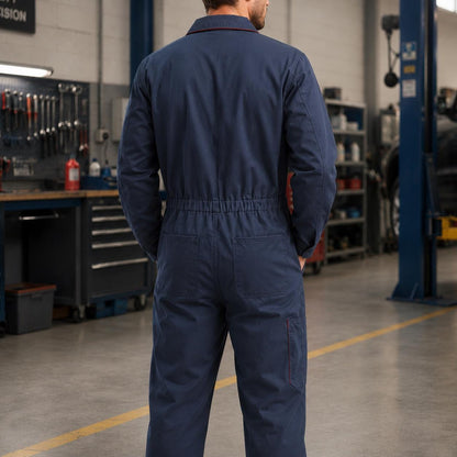 Navy blue coverall back with elastic waist and utility pocket