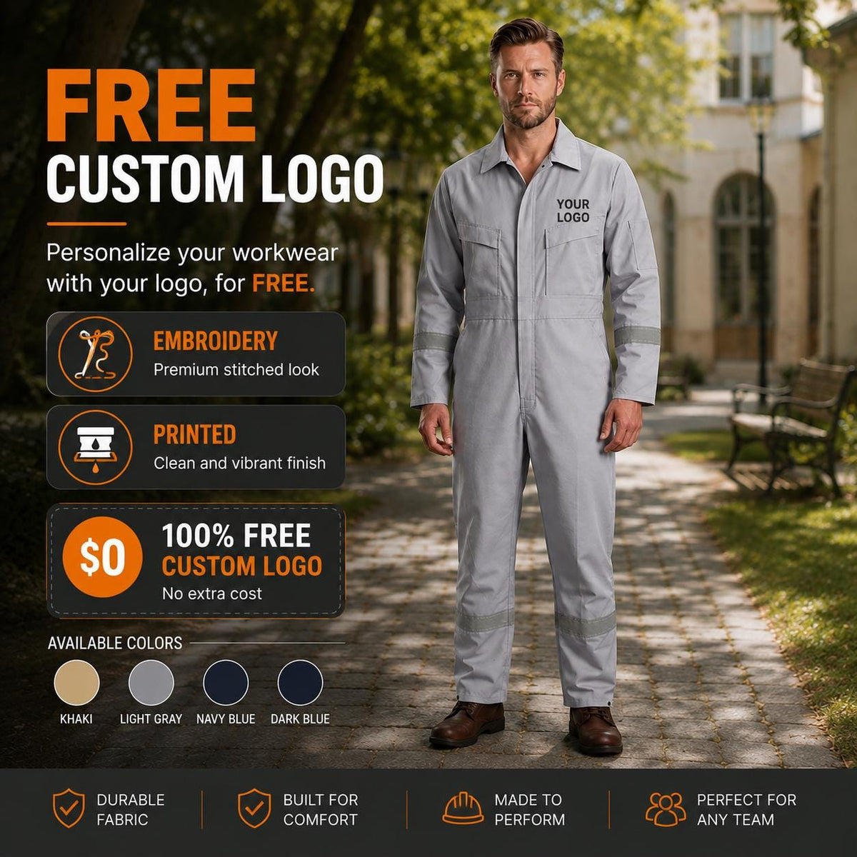 Light-gray custom-logo reflective coverall feature graphic.