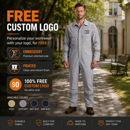 Light-gray custom-logo reflective coverall feature graphic.