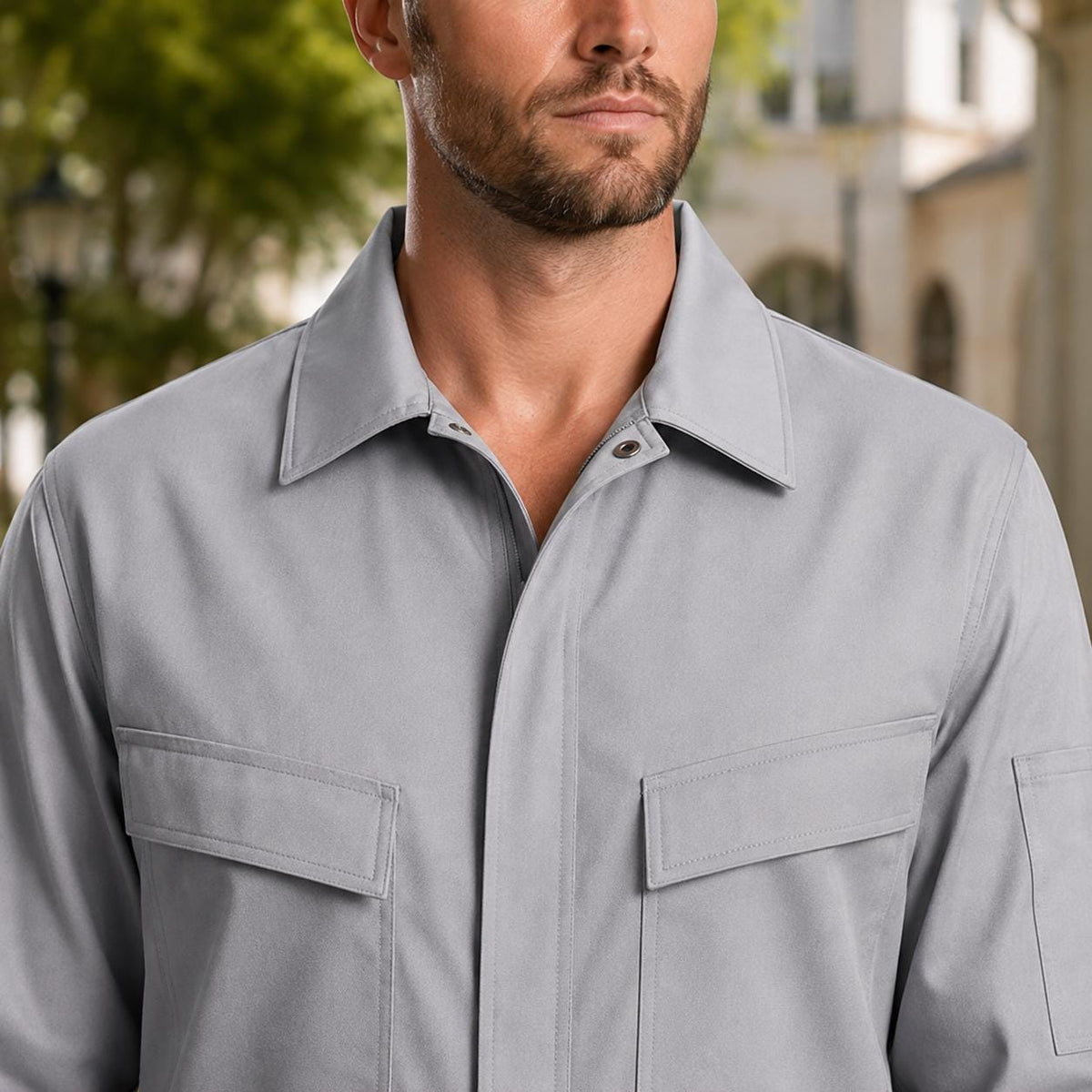 Light-gray coverall collar, placket, and chest-pocket detail.