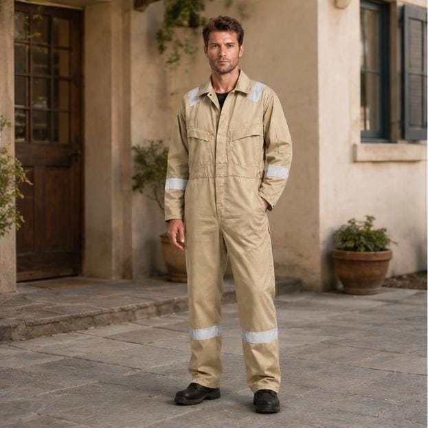 Khaki reflective coverall full front view.
