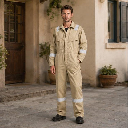 Khaki reflective coverall full front view.