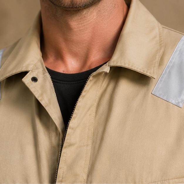 Khaki coverall collar and reflective shoulder detail.