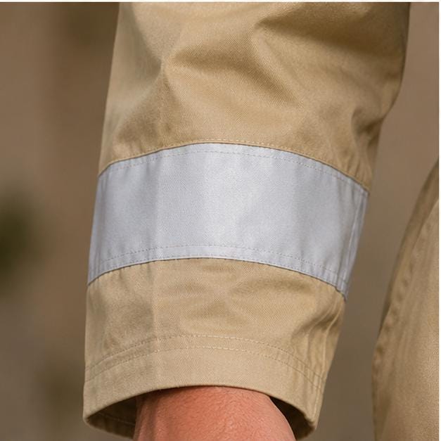 Khaki sleeve reflective-band close-up.