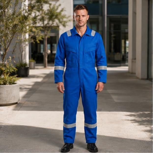 Bright-blue reflective coverall full front view.