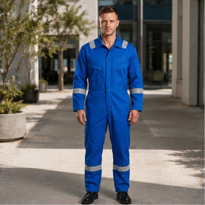 Bright-blue reflective coverall full front view.