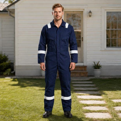 Navy reflective coverall full front view.