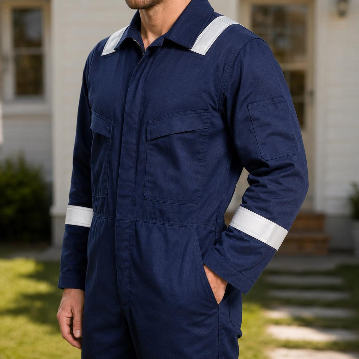 Navy coverall upper-body and sleeve reflective bands.
