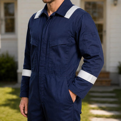 Navy coverall upper-body and sleeve reflective bands.