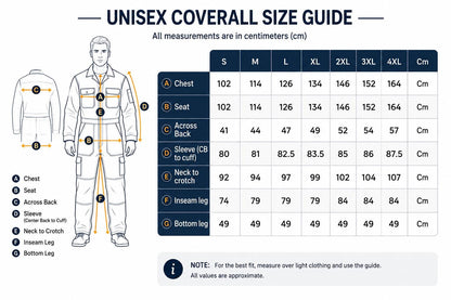 Unisex coverall size chart S–4XL with measurement diagram.