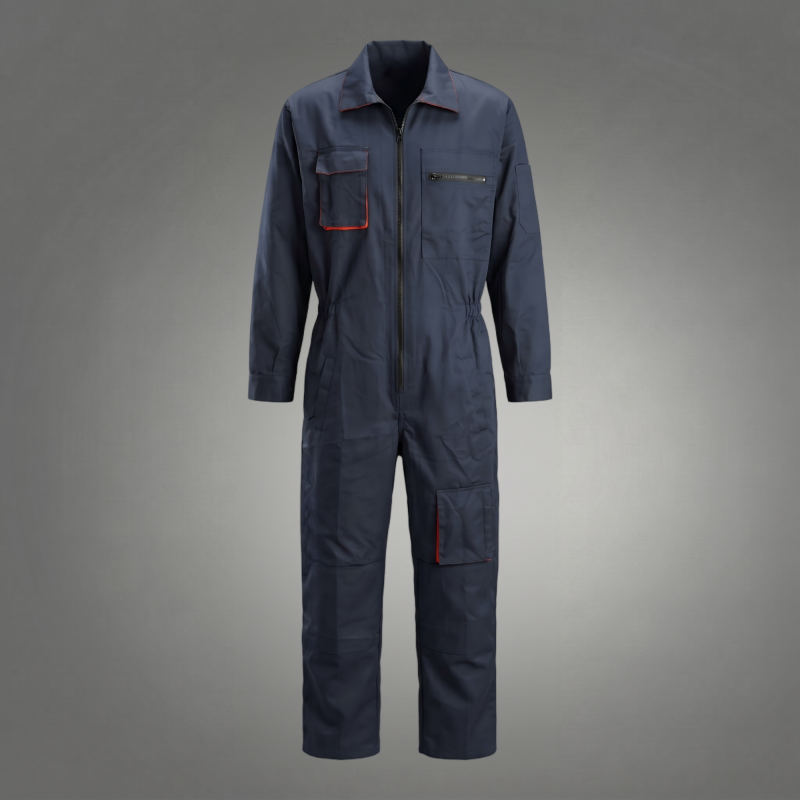 Navy zip-front coverall with chest and leg pockets