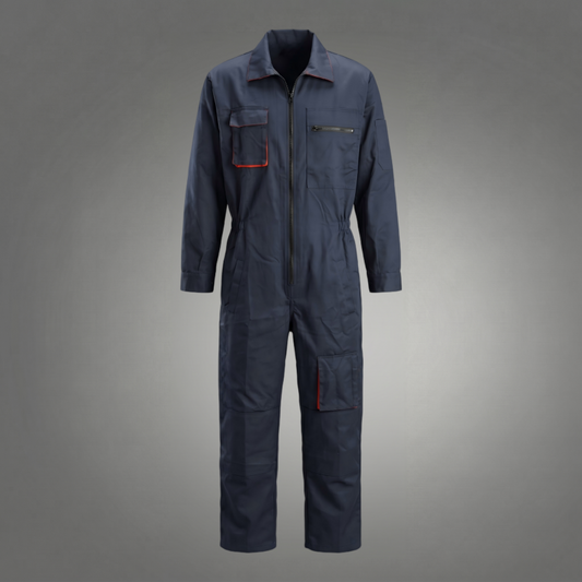 Navy zip-front coverall with chest and leg pockets