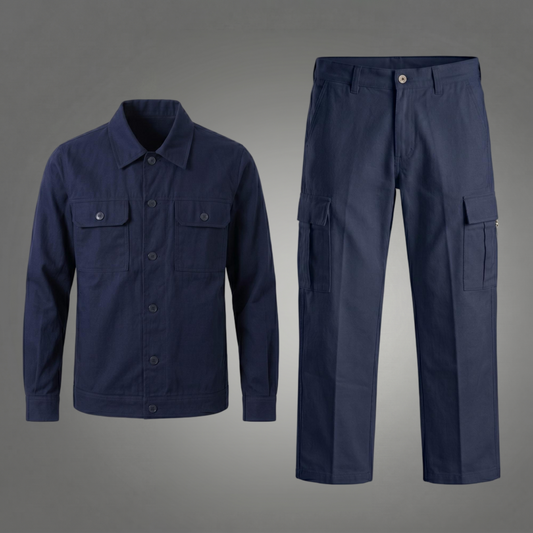 Navy button-front workwear jacket and cargo trousers