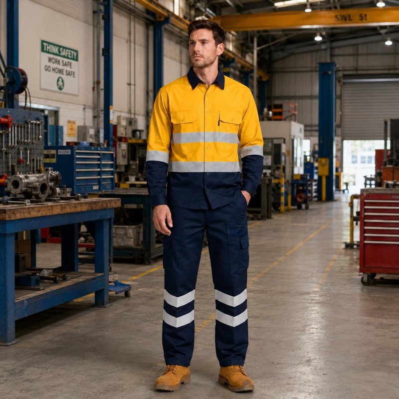 Model wearing yellow and navy reflective-detail workwear in a workshop